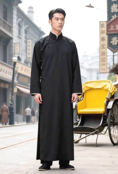 画像12: 綿ポリ製男性用チャンパオ(長袍・黒色)薄手素材 (12)