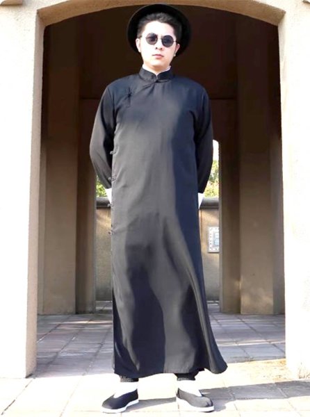 画像10: 綿ポリ製男性用チャンパオ(長袍・黒色)薄手素材 (10)