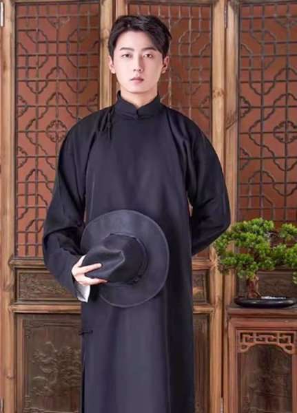 画像7: 綿ポリ製男性用チャンパオ(長袍・黒色)薄手素材 (7)