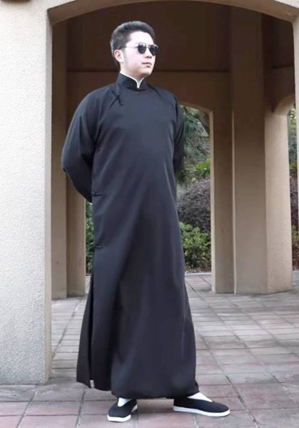 画像5: 綿ポリ製男性用チャンパオ(長袍・黒色)薄手素材 (5)