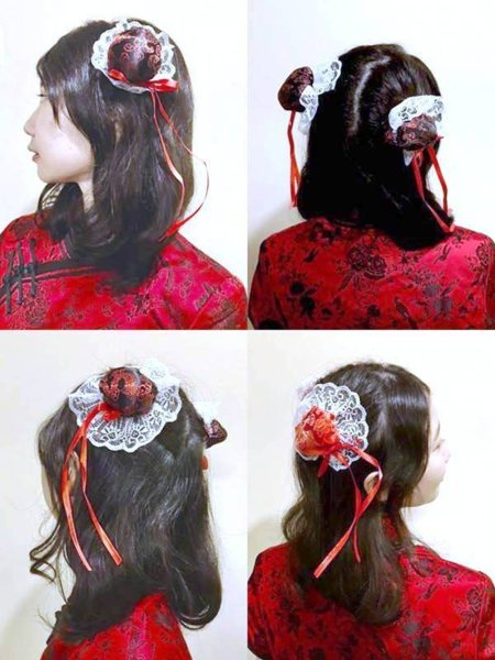 画像4: サテンお団子 髪飾りカバー（レース、ヘアクリップ付き） 2個1セット 水色【種類＝4色】 (4)