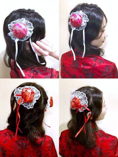 画像5: サテンお団子 髪飾りカバー（レース、ヘアクリップ付き） 2個1セット 水色【種類＝4色】 (5)