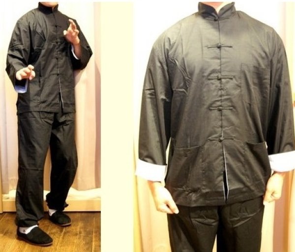 画像2: カンフーシャツ（功夫シャツ）長袖シャツ・黒色(綿ポリ製)　薄手生地 (2)