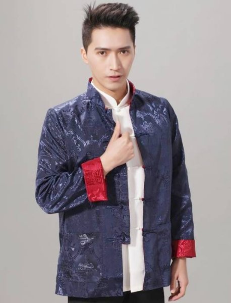 画像2: 唐人服 功夫長袖 リバーシブル カンフージャケット 紺色+臙脂(エンジ)色 (2)