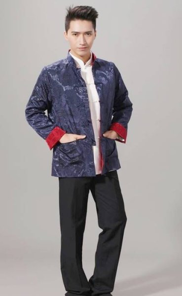 画像4: 唐人服 功夫長袖 リバーシブル カンフージャケット 紺色+臙脂(エンジ)色 (4)