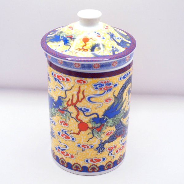 画像5: 陶器製 茶漉し付きマグカップ 双龍戯珠柄 黄色 (5)