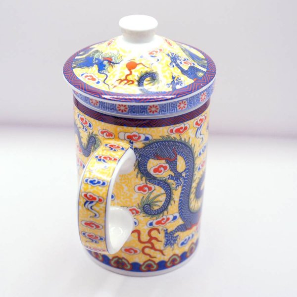 画像7: 陶器製 茶漉し付きマグカップ 双龍戯珠柄 黄色 (7)
