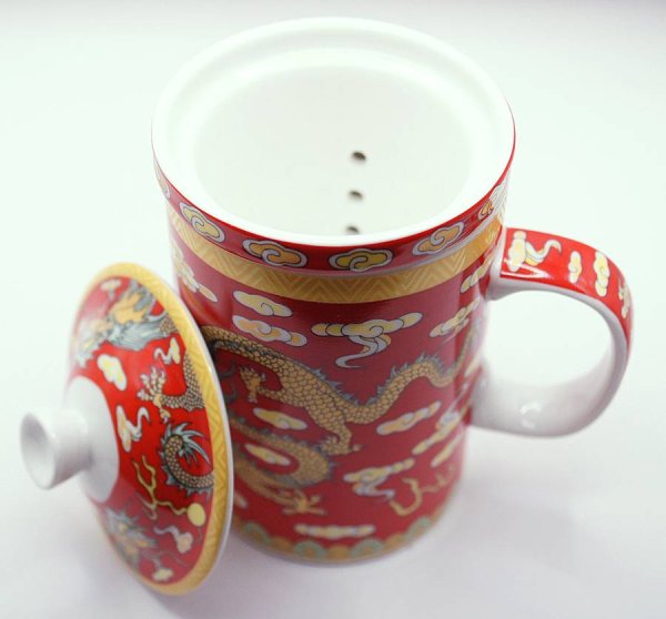 画像3: 陶器製 茶漉し付きマグカップ 双龍戯珠柄 赤色 (3)