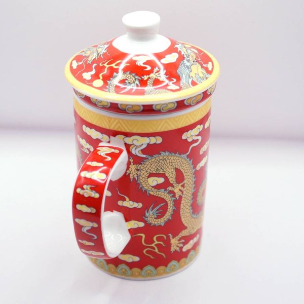 画像7: 陶器製 茶漉し付きマグカップ 双龍戯珠柄 赤色 (7)