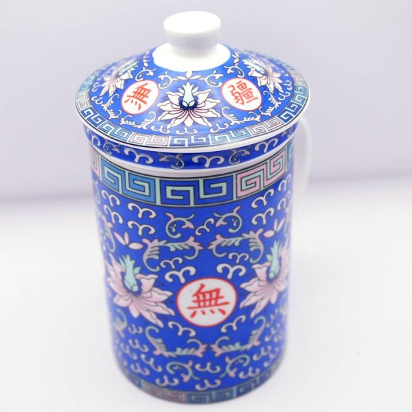 画像6: 陶器製 茶漉し付きマグカップ 萬壽無疆柄 青色 終売予定 (6)