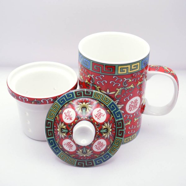 画像2: 陶器製 茶漉し付きマグカップ 萬壽無疆柄 赤色 (2)