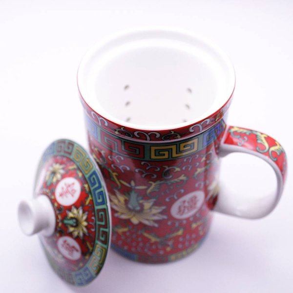 画像3: 陶器製 茶漉し付きマグカップ 萬壽無疆柄 赤色 (3)