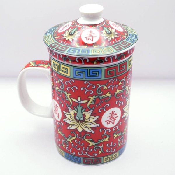 画像6: 陶器製 茶漉し付きマグカップ 萬壽無疆柄 赤色 (6)