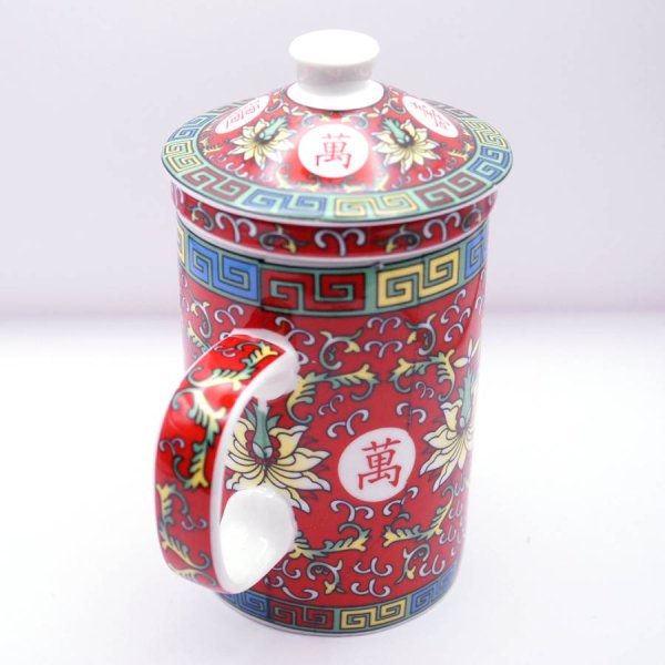 画像7: 陶器製 茶漉し付きマグカップ 萬壽無疆柄 赤色 (7)