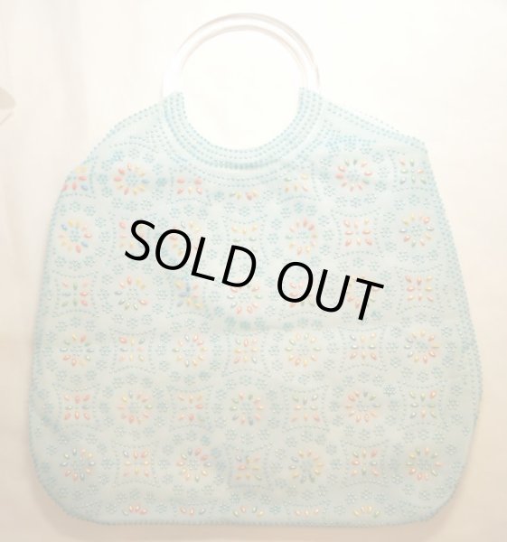画像1: カラービーズ 編み込み トート バッグ ブルー色  通常価格７００円→２５０円　【大特価品】 (1)