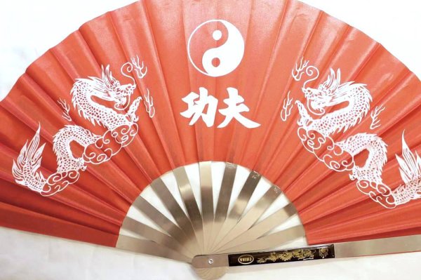 画像5: 太極拳・カンフー 功夫 武闘 鉄扇子 軽量安価型 鉄扇 双龍柄 赤色 専用袋別売 (5)