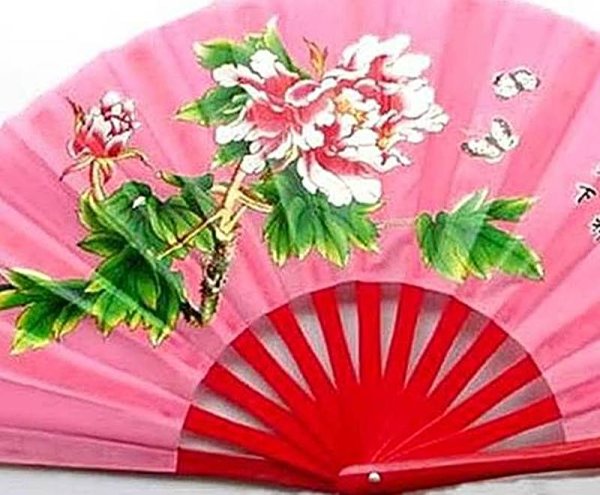 画像2: 牡丹柄・功夫扇子・桃色(骨=竹、赤) 33cmサイズ (2)