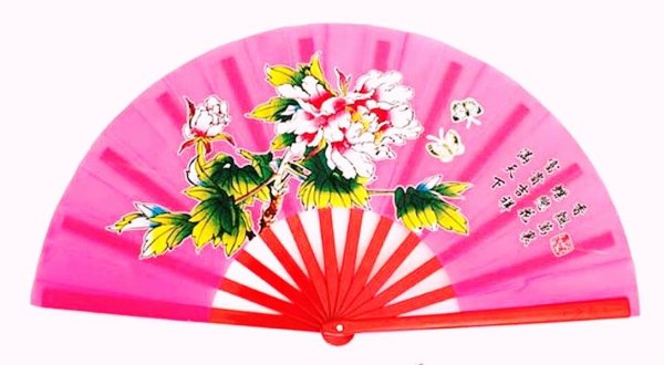 画像4: 牡丹柄・功夫扇子・桃色(骨=竹、赤) 33cmサイズ (4)