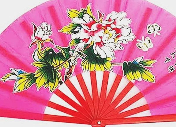 画像3: 牡丹柄・功夫扇子・桃色(骨=竹、赤) 33cmサイズ (3)