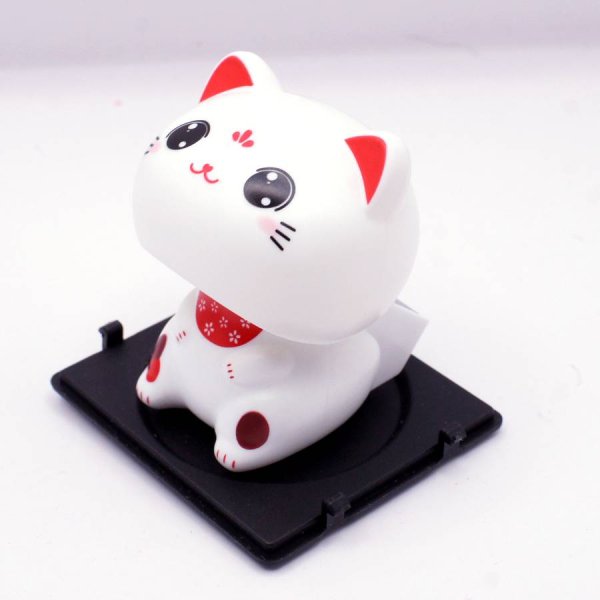 画像1: ソーラー式電池 首ふり 白猫 うなずき猫 小サイズ 目を開けているタイプ (1)