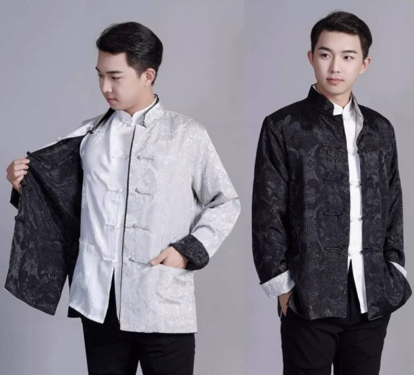 画像5: 唐人服 功夫長袖 リバーシブル カンフージャケット　黒色＋白銀色 (5)